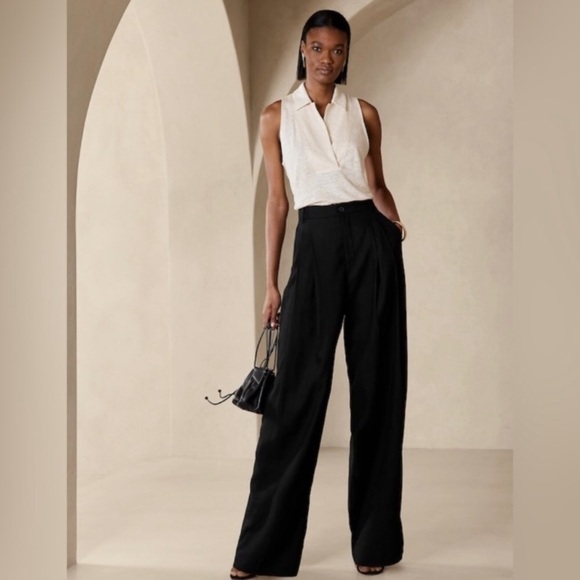 NWT! Banana Republic Black Lena Wide-Leg Linen-Blend Pant - Multiple - Picture 1 of 5